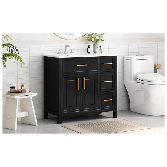36" Bathroom Vanity with Sink Top, Bathroom Vanity Cabinet with Two Doors and Three Drawers, Solid Wood , MDF Boards ,One Package, Black