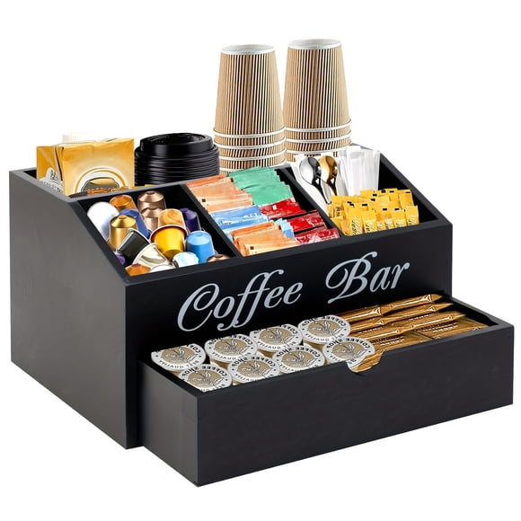 YOPTOP Wooden Coffee Bar Organizer Coffee Station Organizer Coffee Bar Accessories - Coffee Countertop Station with Drawer  Pods Holder & Storage Basket