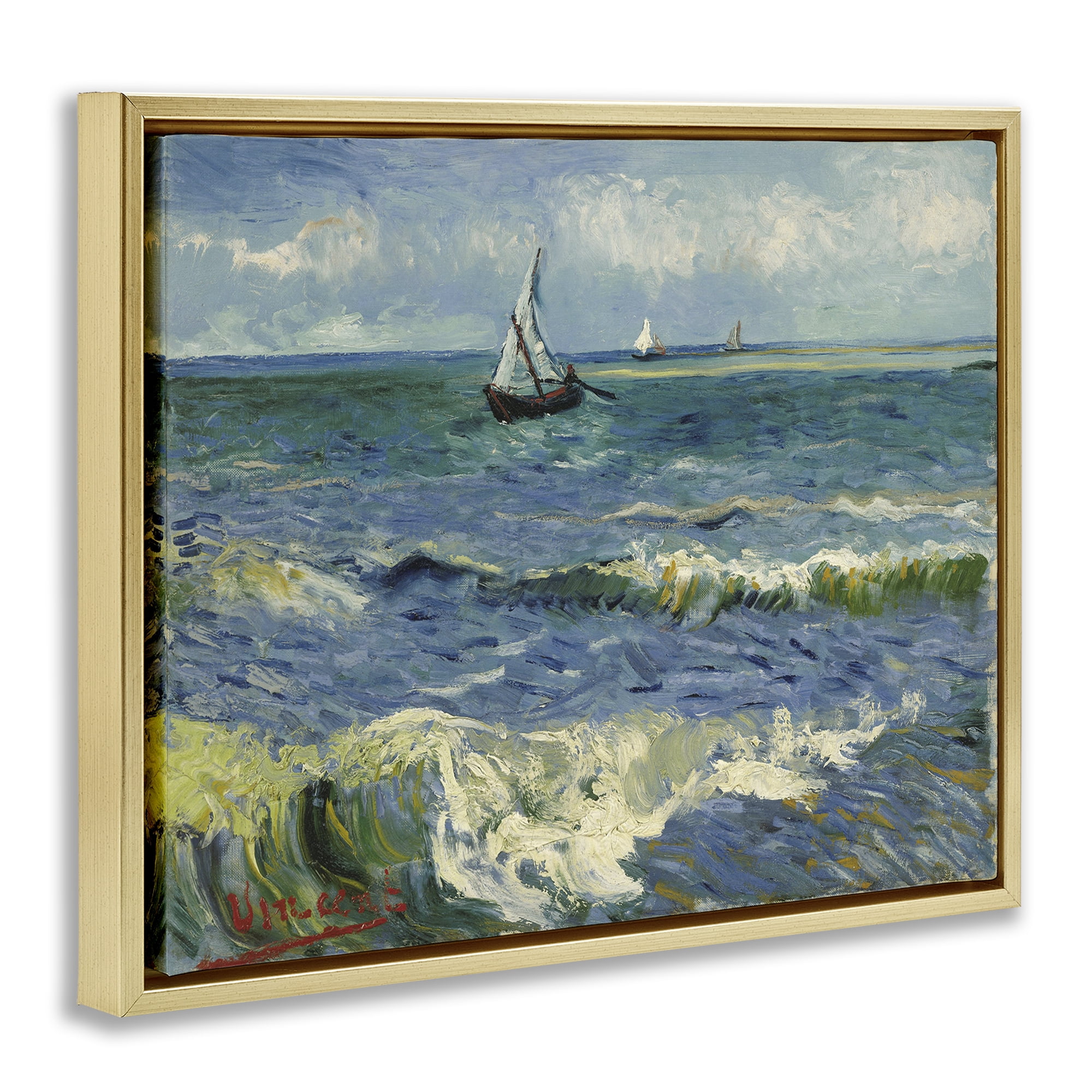 Stupell Industries Classical Seascape with Boat Nautical & Beach Painting Gold Floater Framed Canvas Art Print Wall Art, 31 x 25