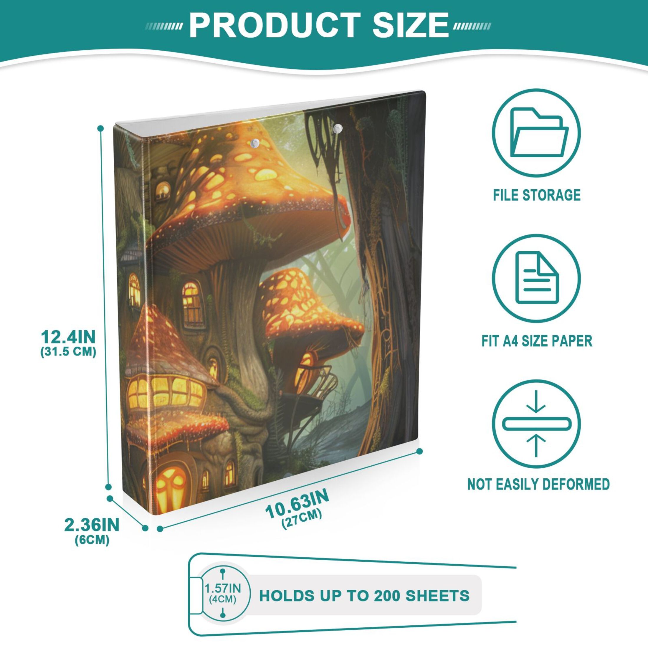 Forest Mushrooms House 3 Ring Binders 1.5 inch Hardcover File Folders with Interior Pockets A4 Size Organizer for School Office Hospital