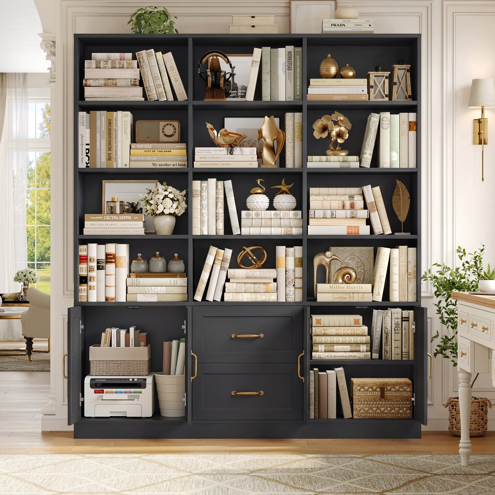 Hiphuta 71" Tall Triple Row 4-Tier Bookcase with 12 Open Cubes, 59" Wide Extra Large Display Bookshelf with 4 Doors and 2 Drawers, for Office Living Room, Black