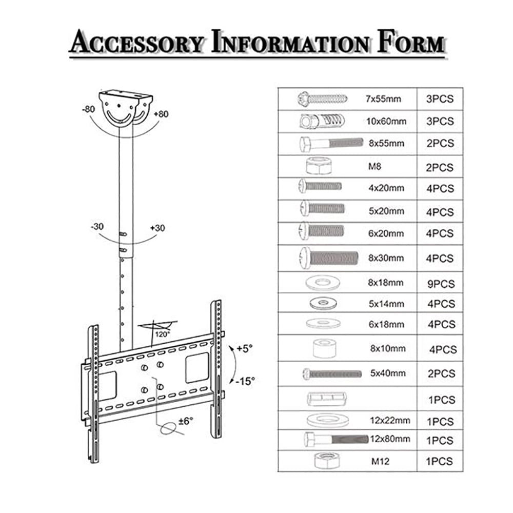 TV Ceiling Mount Adjustable Bracket Fits Most LED, LCD, OLED and Plasma Flat Screen Display 32 to 70 Inch, up to 110 Lbs, VESA from 200x100mm to 600x400mm