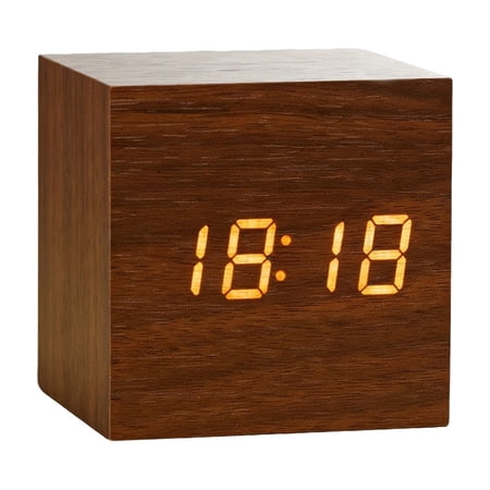 Orangide Digital Desk Clock with Voice Control, Wooden Block Alarm Clock with Time, Date, Temperature Display for Bedroom, Office Home Decor