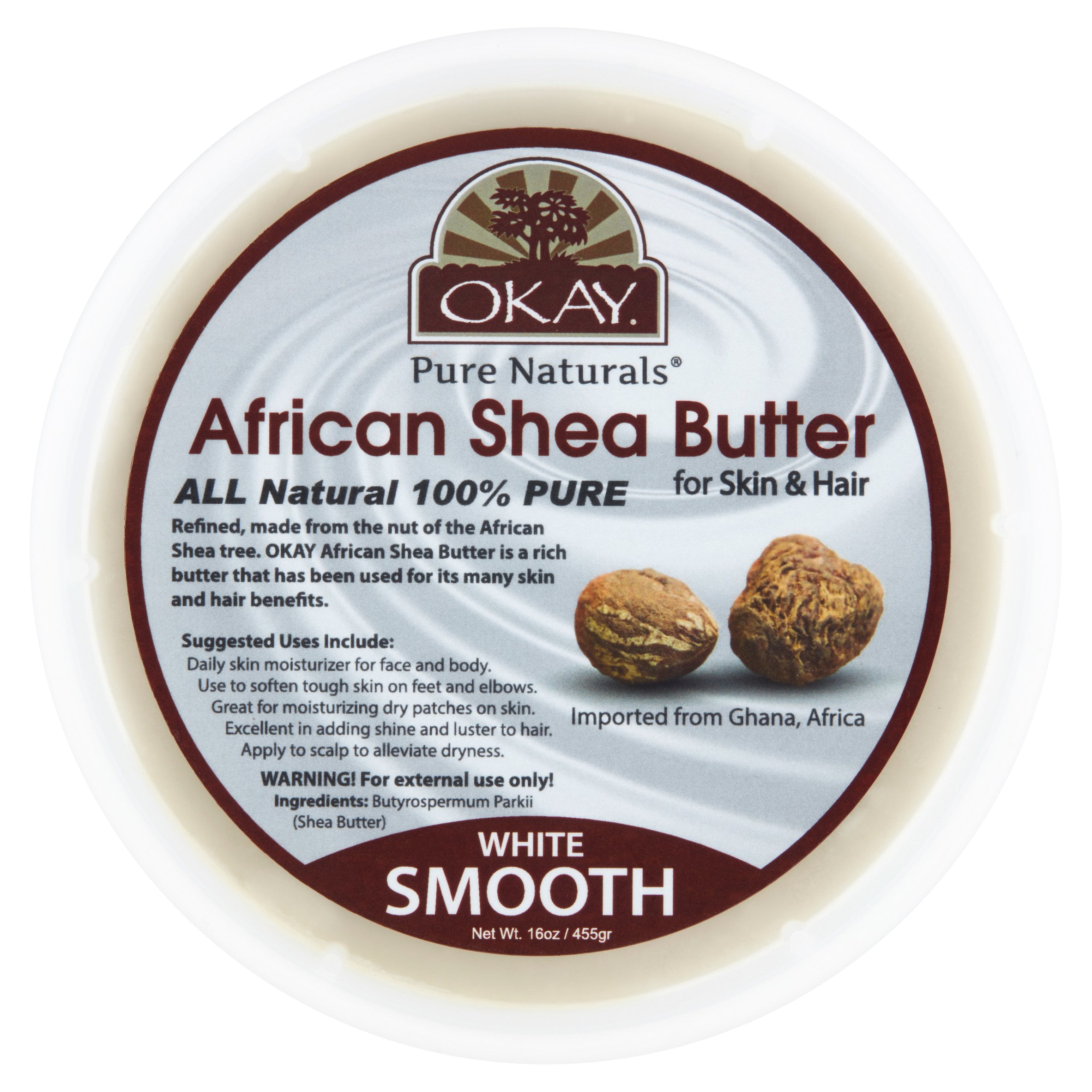 OKAY Shea Butter White Smooth All Natural, 100% Pure- Refined- Daily Skin Moisturizer For Face & Body- Softens Tough Skin- Moisturizes Dry Skin-Alleviates Scalp Dryness 16Oz.