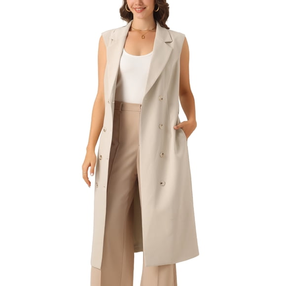 INSPIRE CHIC Sleeveless Blazer Dress for Women's Notched Lapel Double Breasted Belted Work Office Blazer XL Apricot
