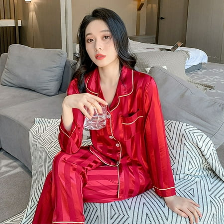 

DanceeMangoo Spring Summer 2PCS Pink Women Pajamas Set Soft Button Rayon Pyjamas Sleepwear Nightwear Full Sleeve Shirt&Pant Silk 4XL HomeWear