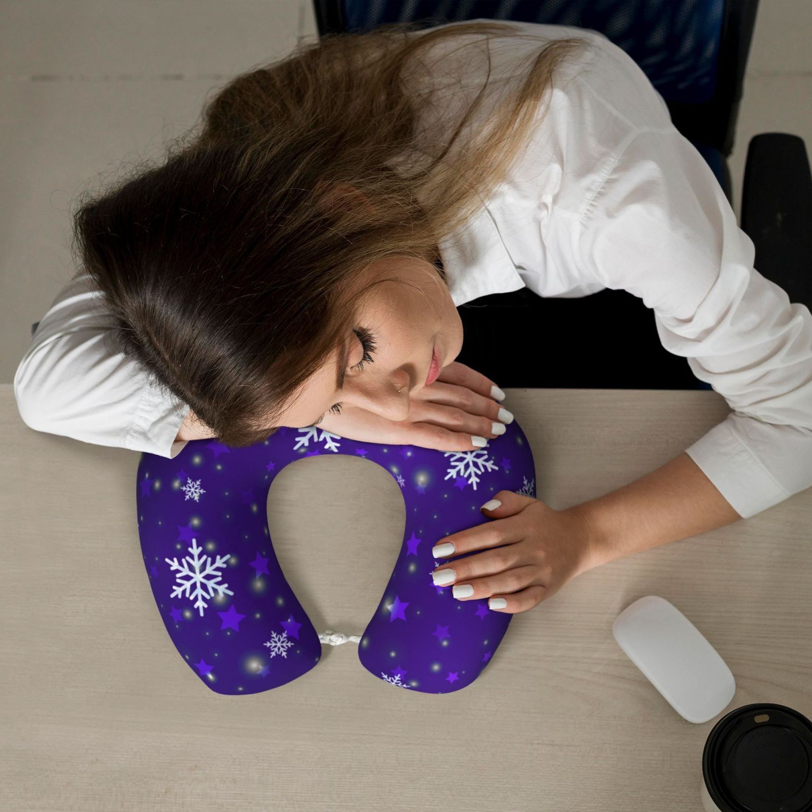 Xecao Dark Purple Snowflakes Print Memory Foam Cervical Neck Pillow Versatile U-Shaped Pillows for Home,Office,Camping,Travelling,Soft Washable Cover