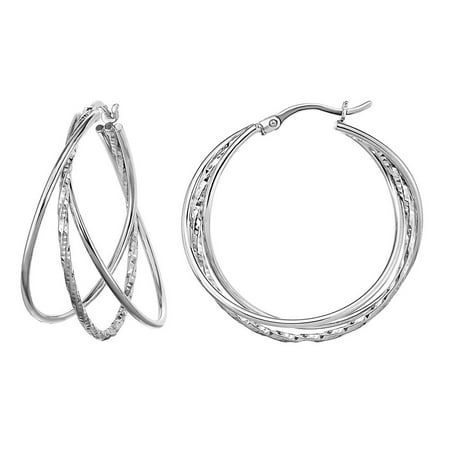 Silver Rhodium Finish 28x4mm Shiny Sparkle Cut Twisted 3 Row Type Silver Rhodium Finish 28x4mm Shiny Sparkle Cut Twisted 3 Row Type Round Hoop Earrings Hinged
