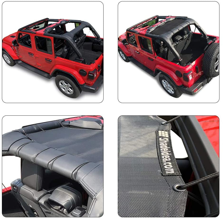 Shadeidea Jeep Wrangler Sunshade JL Unlimited (2018-Current) 4 Door Rear-Black Mesh Screen Sunshade JLU SAHARA RUBICON SPORT S MOAB Top Cover UV Blocker with Grab Bag-10 years Warranty