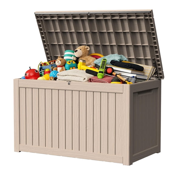 Decksplore 280 Gallon Resin Deck Box, Waterproof XXL All-Weather Storage Bench, Soft-Close Lockable Bin for Large Cushions, Pool Floats, Seasonal Decor (Light Brown)