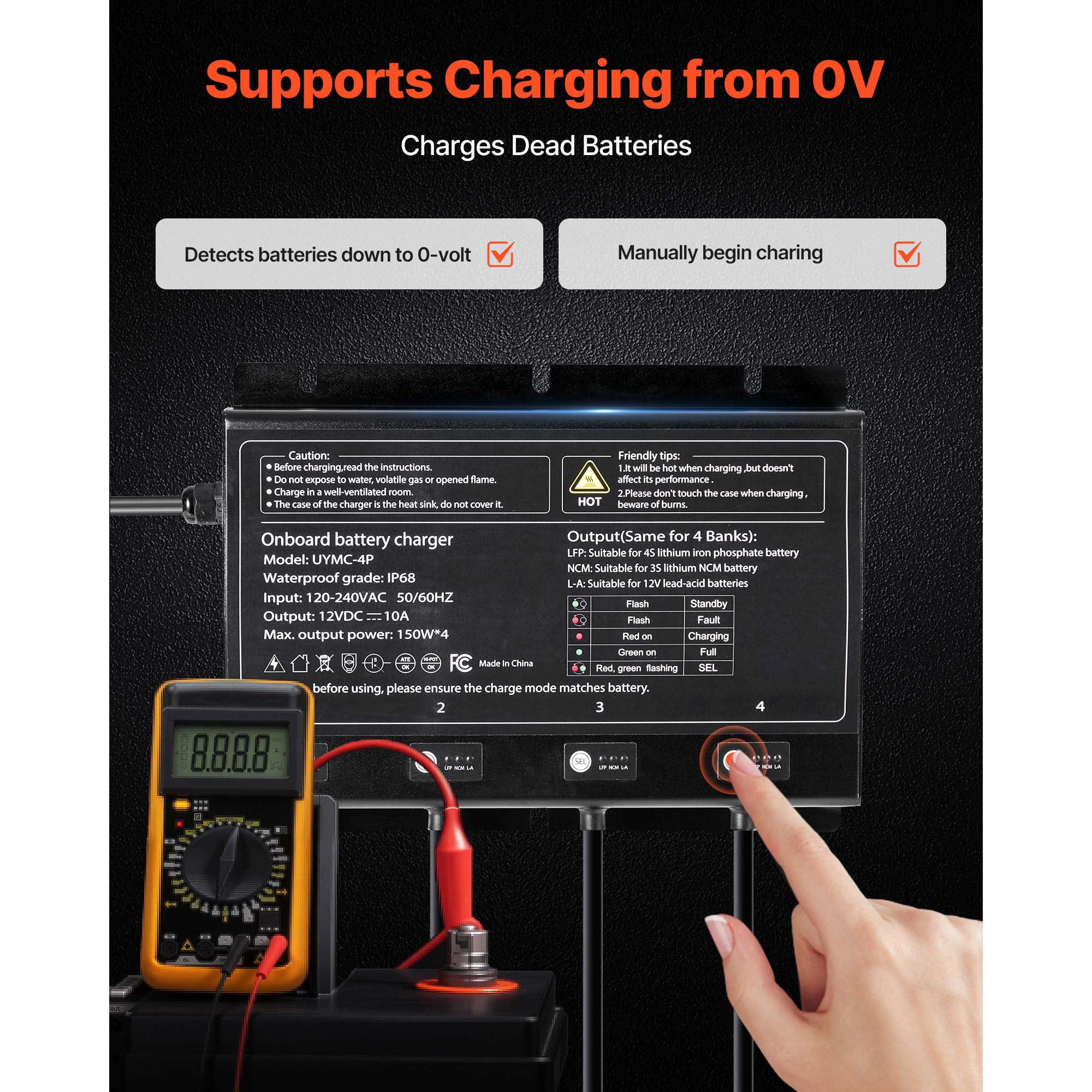 KFFKFF 4-Bank 10A 12V Onboard Marine Battery Charger, IP68 Waterproof Smart Charger for Lithium-Ion (LiFePO4), NCM, and Lead-Acid Batteries, Suitable for Boats, Yachts, RVs, and Trailers