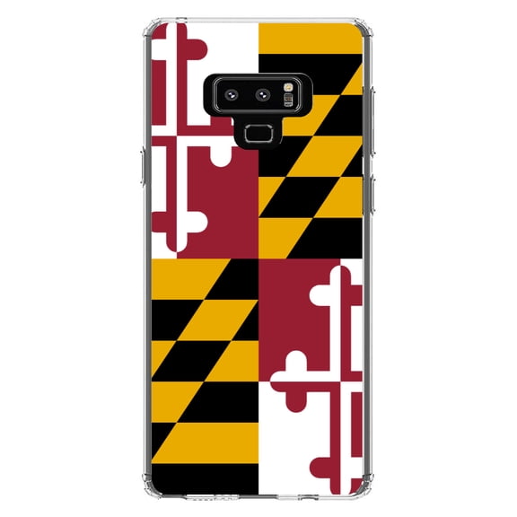 DistinctInk Clear Shockproof Hybrid Case for Samsung Galaxy Note 9 - TPU Bumper, Acrylic Back, Tempered Glass Screen Protector - Maryland State Flag - Maryland