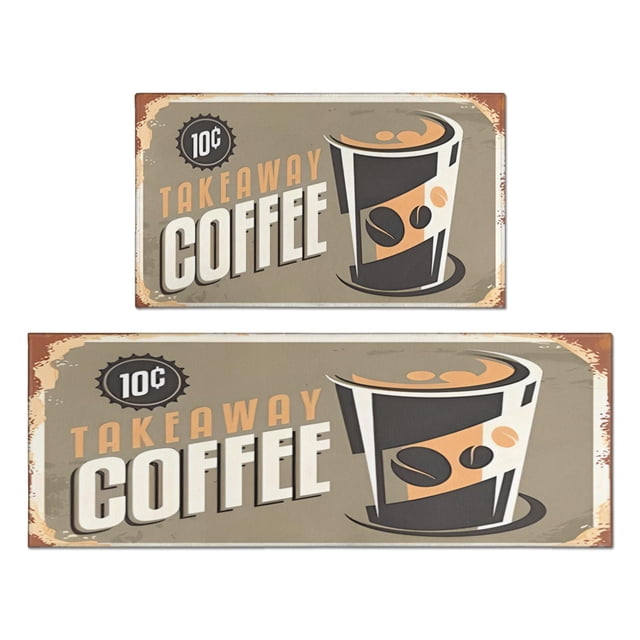 Coffee Mug Vintage Design Kitchen Rugs and Mats Set Of 2,Kitchen Rugs Mats with Dirty Resistance,washable,Non-Slip,kitchen Rugs and Mats 17.7x24+17.7x48inch
