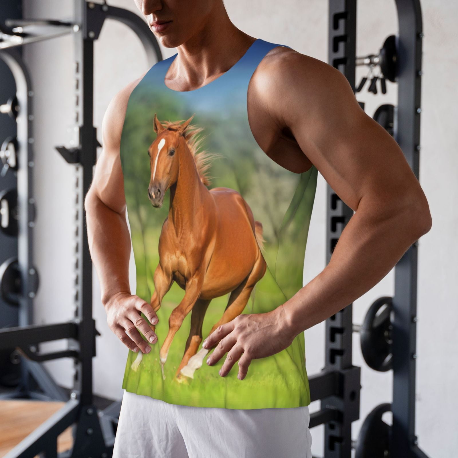 Gukieu horse running freely Print Men's Quick Dry Fitness Vest, Round Neck Sleeveless Fitness Bodybuilding Top-Medium