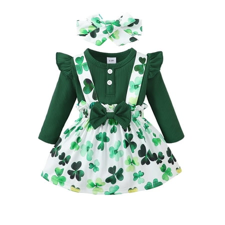 

Shunvnny Infant Girl Irish Festivals Outfits Solid Ribbed Romper with Shamrock Suspender Skirt and Headband Green 3-6 Months