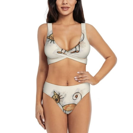 Zeuib Brown Cat Cartoon High Waisted Tummy Control Bikini Set - Knot Front Push Up Top & Cheeky Thong Bottom  Two-Piece Swimsuit for Women-XX-Large