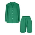 thumbnail image 5 of Jinhomg Two Piece Shorts Set for Women Cotton Linen Long Sleeve Shirts And Wide Leg Shorts Holiday Casual Tracksuits Green,XXXXL, 5 of 7