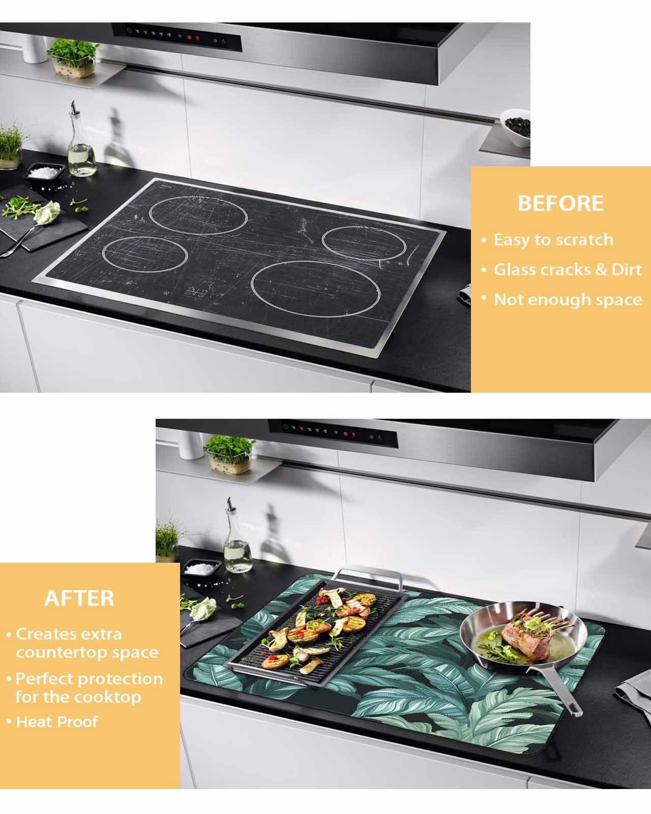 nqOlkjepod Large Induction Cooktop Protector Mat 36"x21", Summer Plant Stove Top Covers for Electric Stove, Green Tropical Palm Leaves Nature Retro Stove Burner Cover Mats, Glass Top Stove Cover