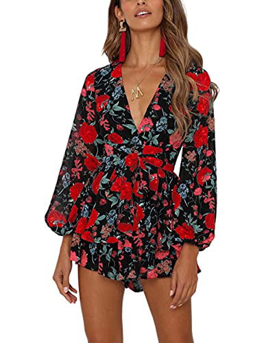 AIMCOO Women's Floral Print Deep V-Neck Romper Double Layer Ruffle Hem Jumpsuits Long Baggy Sleeves Waist Tie Short Rompers 