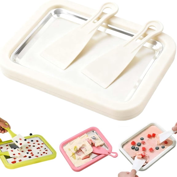 Rolled Ice Cream Maker Kit – Instant DIY Ice Cream Tray with 2 Scrapers, Stainless Steel Homemade Rolling Ice Cream Pan, No Electricity Needed, Family Fun Gift
