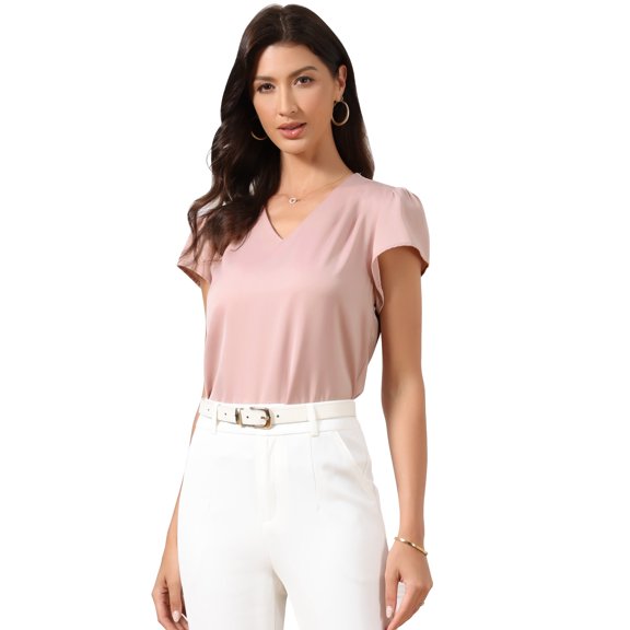 DARING DIVA Women's Cap Short Sleeve V Neck Pleated Front Satin Blouse XS Dusty Pink