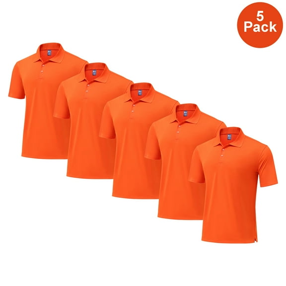 Zfeel Men High Performance Poly Polo Shirt, Short Sleeve Pure Dry Fit Collar Orange Tee, 5 Pack, S