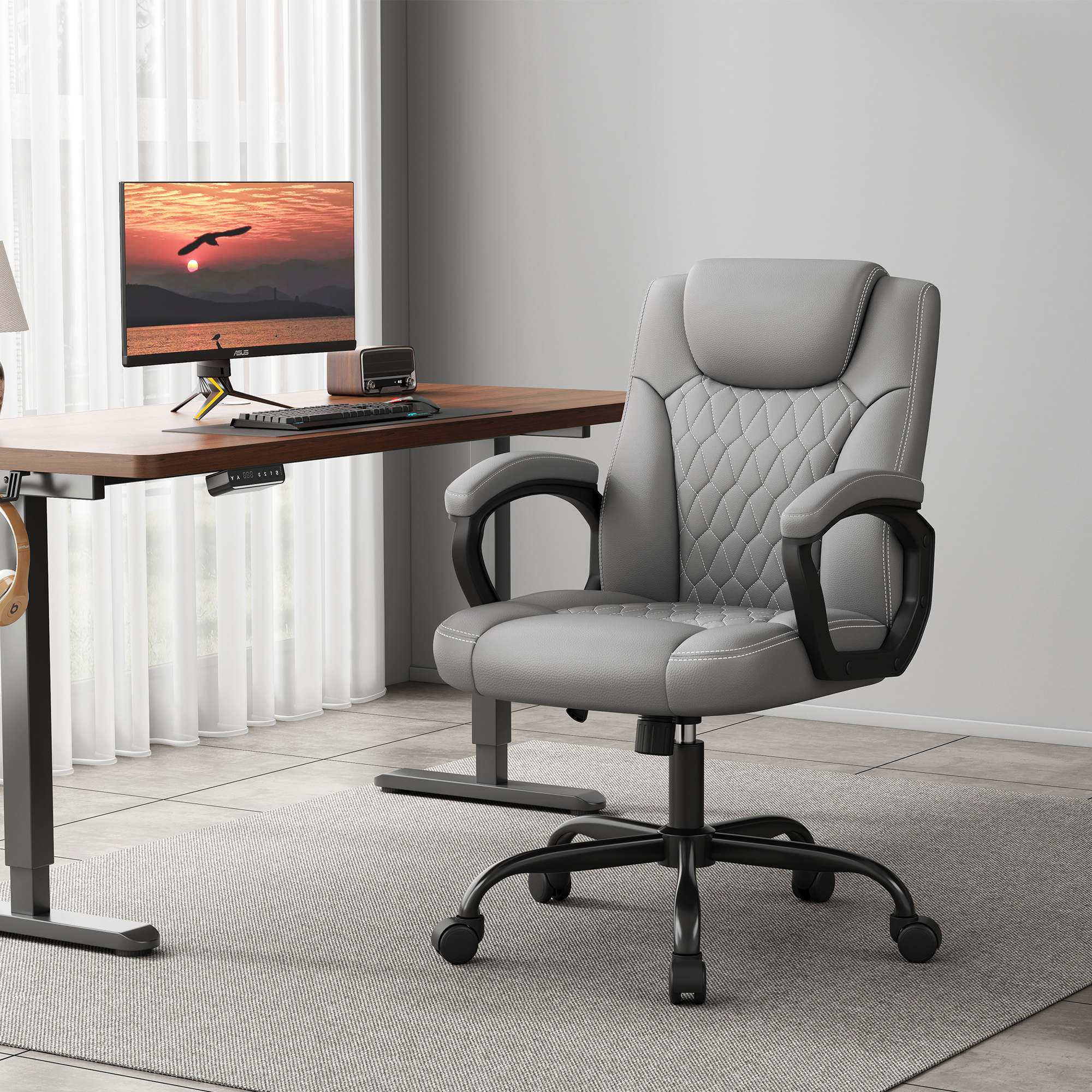 Misolant Office Chair, Executive Desk Chair, PU Leather Comfortable Executive Chairs with Fixed Armrest, Adjustable Height, Rocking Function, 360° Swivel Wheels