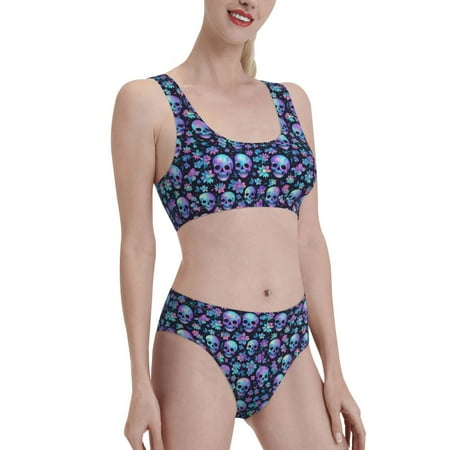 Uemuo Skull purple flower Printed Women s High Waisted Bikini Sets Sporty Two Piece Swimsuits Color Block Cheeky High Cut Bathing Suits-Medium