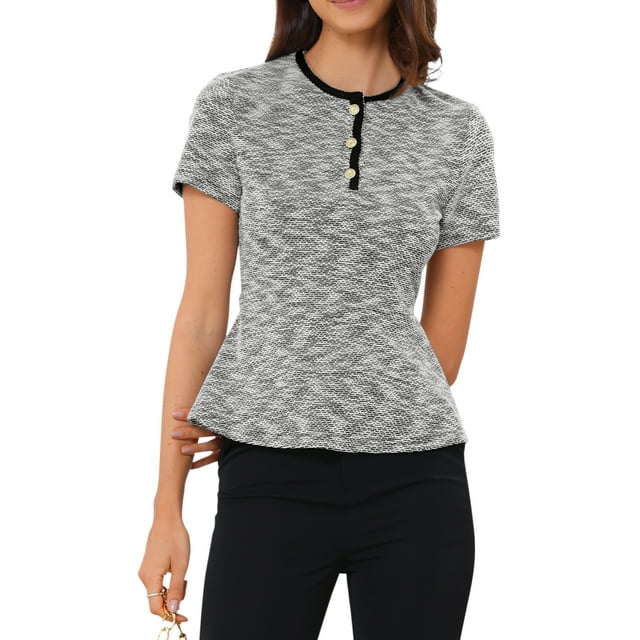 INSPIRAR CHIC Top de Tweed para Mujeres, Blusas de Peplum de Cuello Redondo de Manga Corta para Oficina, Talla XL, Negro