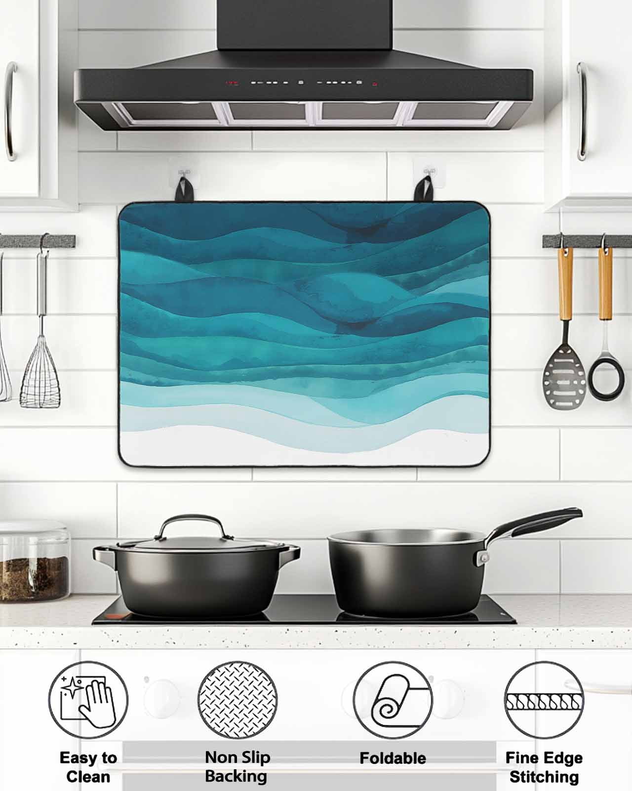 Stove Top Covers for Electric Stove, Teal Turquoise Waves Glass Stovetop Cover Protector, Ombre Coastal Ocean Water Abstract Induction Cooktop Protector Oven Mat for Kitchen Countertop 28.5"x20.5"