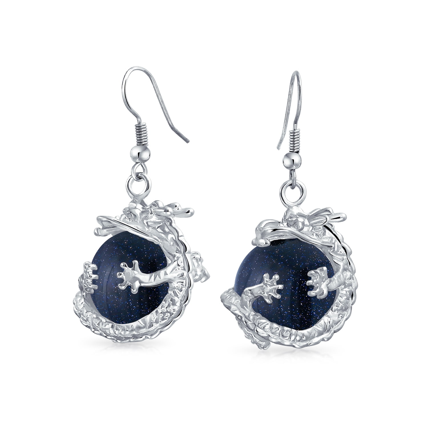 Metallic Crystal Celestial Blue Goldstone Round Ball Dangle Wrapped Orb Chinese Asian Dragon Earrings for Women Teen