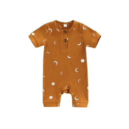 

Nokpsedcb Infant Baby Boys Girls Summer Jumpsuit Knit Ribbed Cartoon Moon Prints Romper Short Sleeve One-Piece Clothes Ginger Yellow 12-18 Months