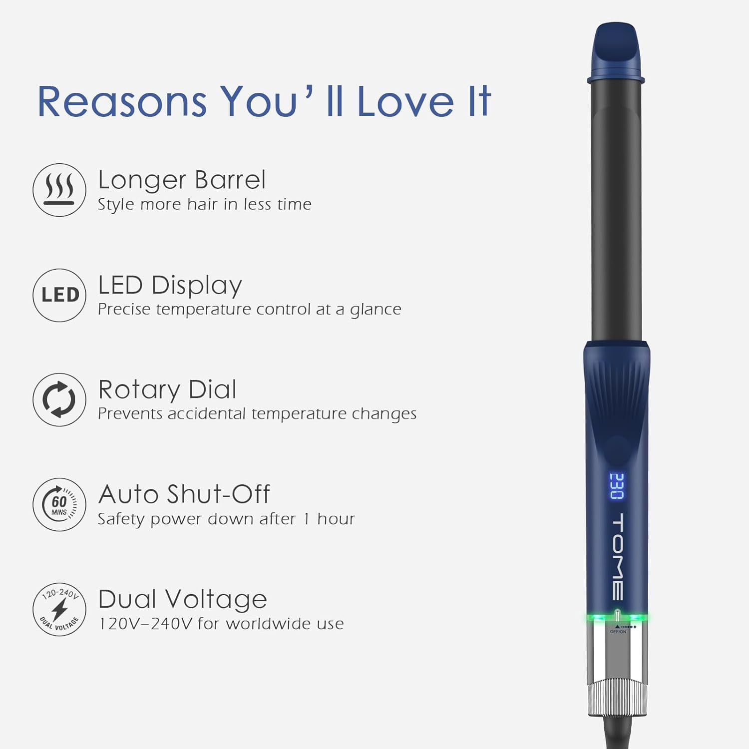 TOME 1 inch Long Barrel Curling Iron, Ceramic Hair Curling Wand Auto Shut Off LED Display,Blue