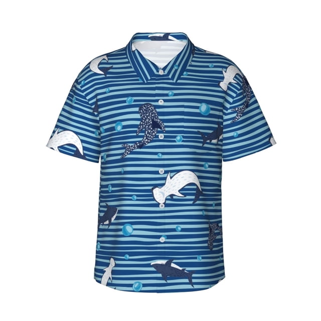 Fotbe Sharks on White Blue Striped Camisa Hawaiana para Hombre Unisex – Camisa Casual de Verano con Botones de Manga Corta de Algodón y Lino,X-Large