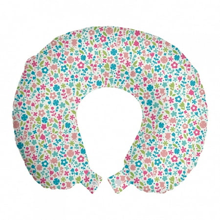 Baby Travel Pillow Neck Rest, Colorful Doodle Floral Pattern Polka Dots Blooming Nature Influenced Abstract Design, Memory Foam Traveling Accessory Airplane and Car, 12", Multicolor, by Ambesonne