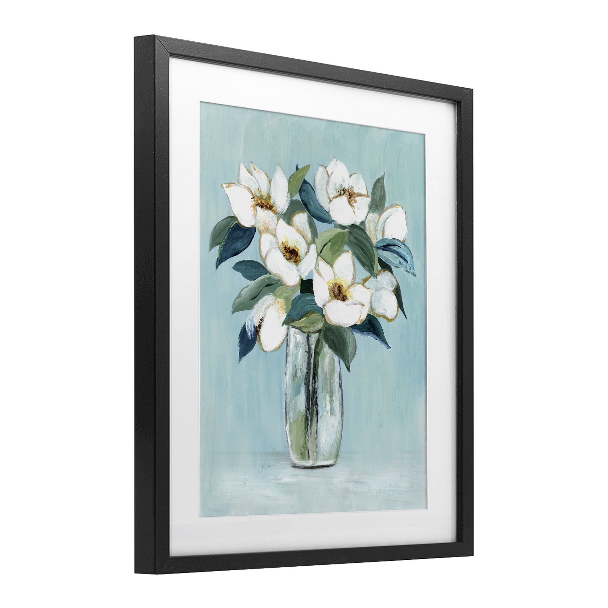 Stupell Industries Magnolia Blossoms on Blue Black Framed Print Under Glass, design by Janet Tava