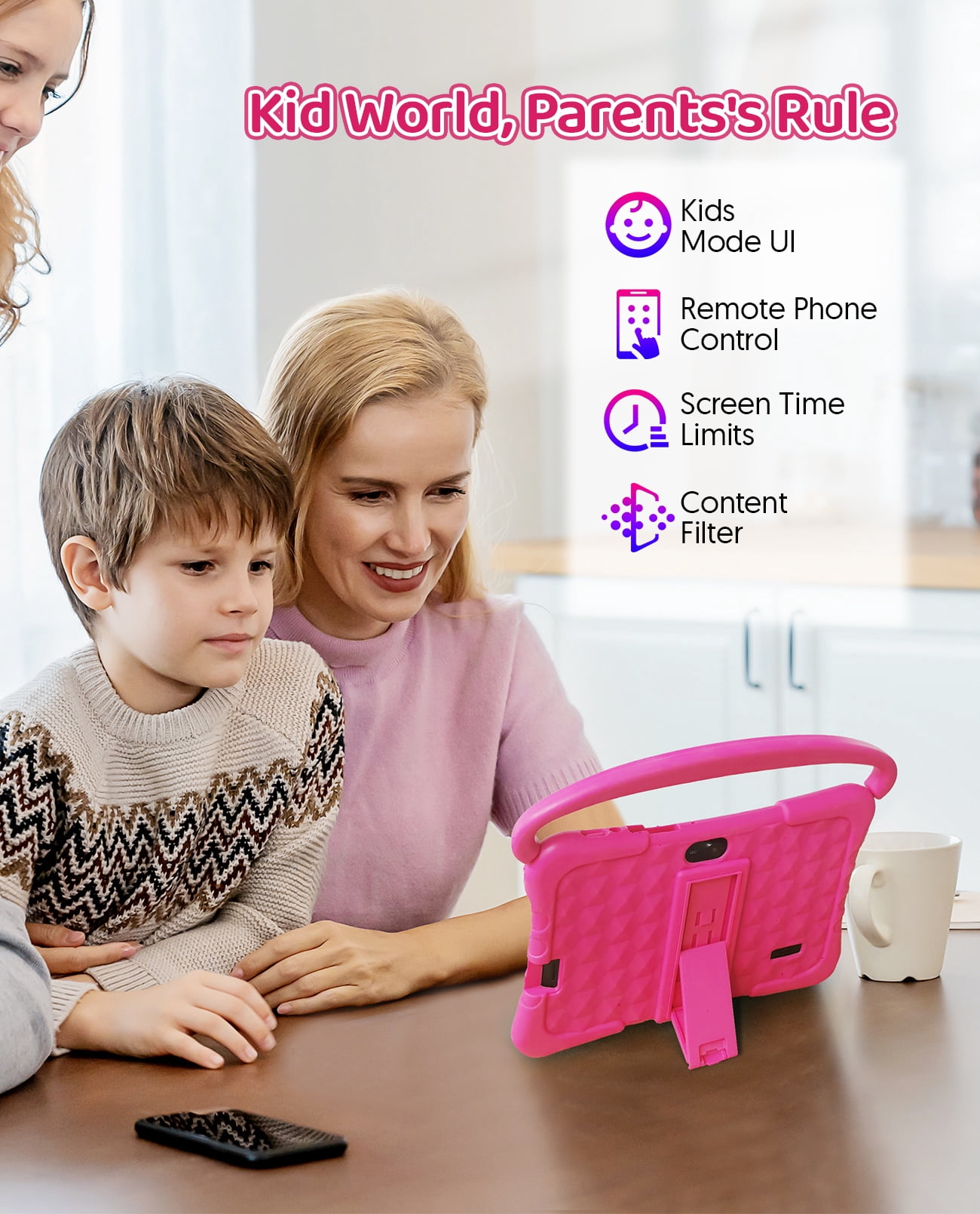 Tedupee Kids Tablet, Android 13 Kids Tablet, Quad Core Processor, 4GB(2G+2G)RAM+32GB ROM Storage, 1024 x 600 Touch Screen, WiFi, Bluetooth（Pink）