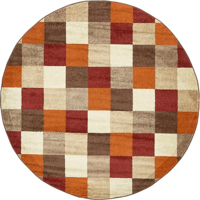 Unique Loom Autumn Collection Modern Checkered Warm Toned Round Rug, 8 Feet, Multi/Beige