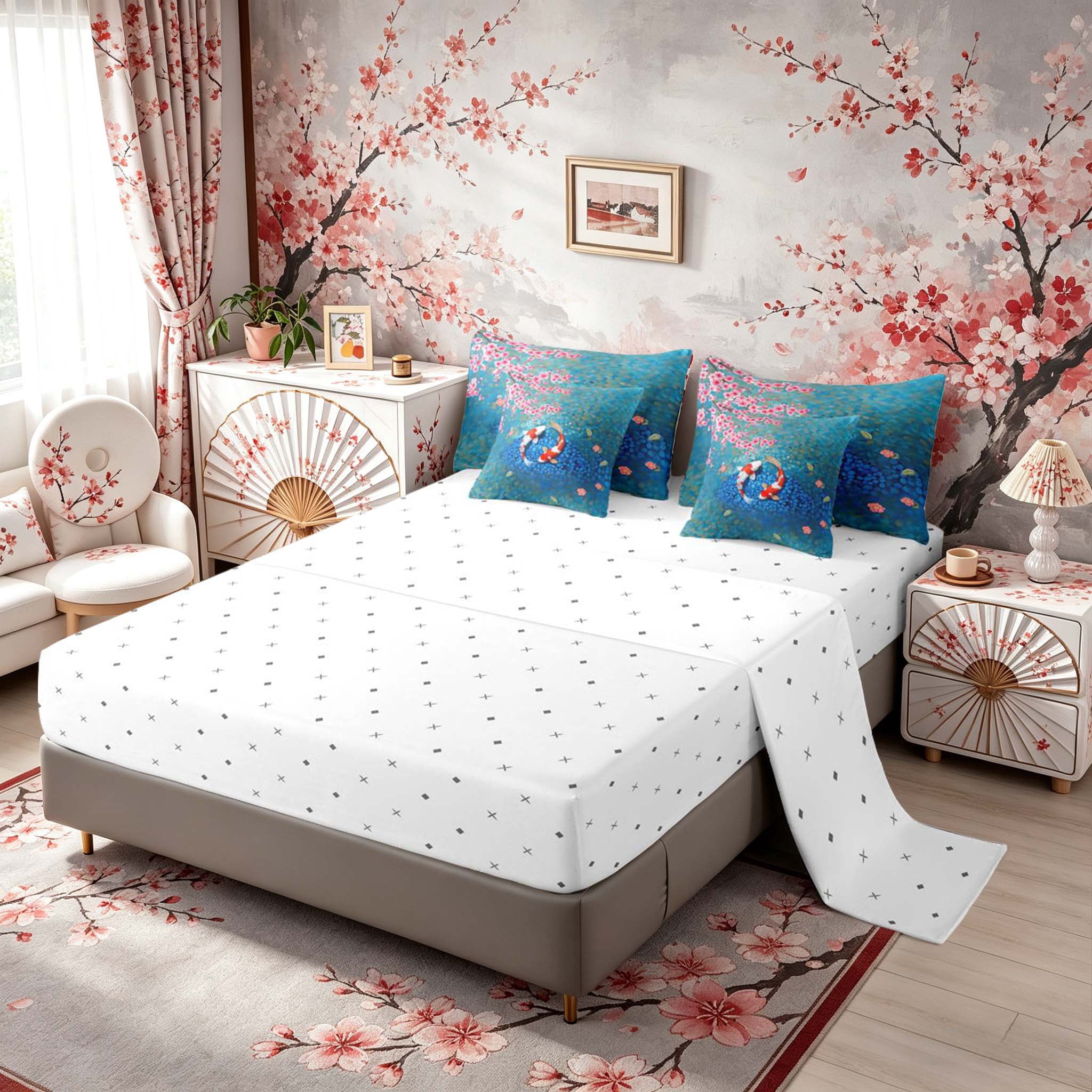 Manfei Oil Painting Koi Fish Bedding Comforter Set for Girls, Sakura Pond King Bedding Sets, Blue Pink, Reversible 7pcs