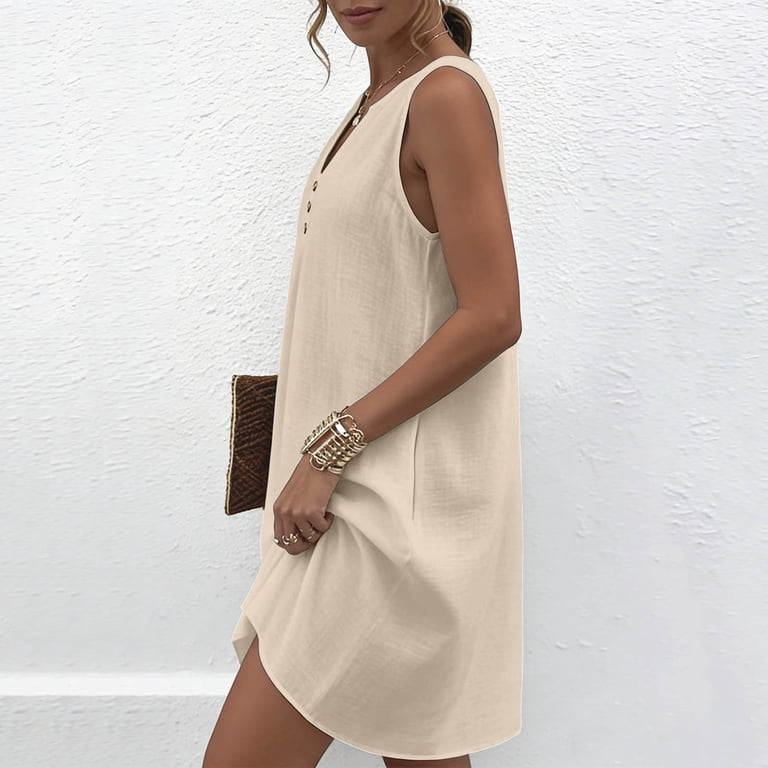 beige tank top dress Women's Summer Cotton Linen Sleeveless Maxi Adjustable Buckle Casual Solid Color Dress White Style with chunky boots Auburn Dreamscapes Evermore Bridal Black Friday Color:Light Blue Leather