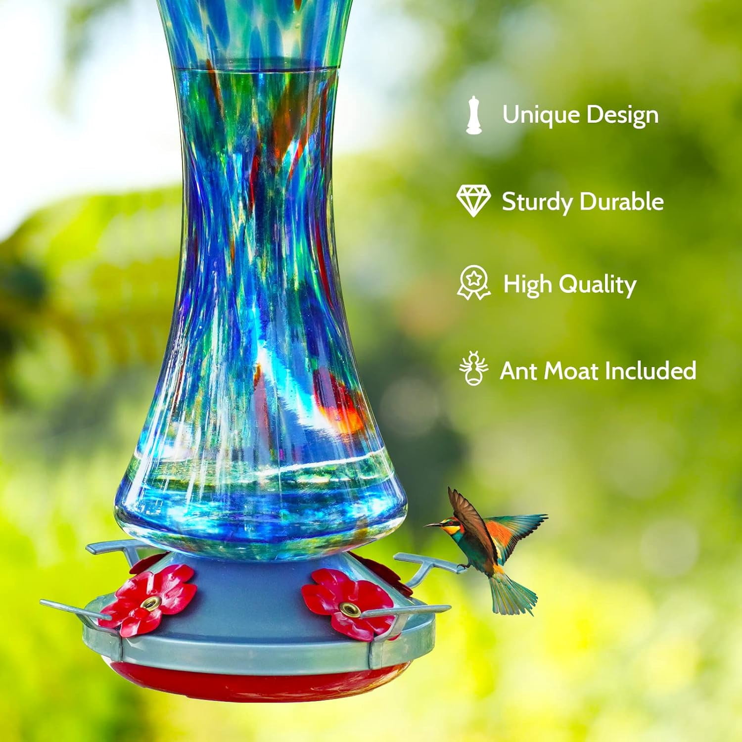 Hummingbird Feeder for Outdoors Hanging, Hand Blown Glass Hummingbird Present with Perch, Leak Proof, Never Fade, 4 Feeding Ports, 20 fl.oz, Include Hook, Ant Moat, Rope, Brush, Presents for Garden