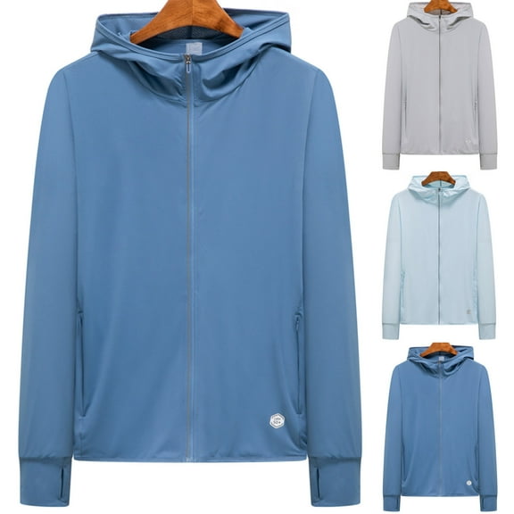 Xfvqtps Mens Light Jacket Sun Protection UPF50 Long Sleeve with Thumb Hole Full Zip up Hoodie Pockets Solid Color Fishing Hiking Athletic Running Lightweight Breathable Summer Top Blue