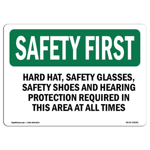 SignMission OS-SF-A-1218-L-10641 Panneau de Sécurité OSHA 12 x 18 Po - Casque de Sécurité, Lunettes de Sécurité, Chaussures de Sécurité et Protection Auditive