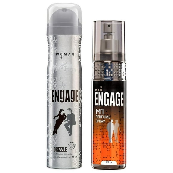Engage M1 Perfume Spray For Men 120ml, 4.05 Fl.oz. + Drizzle Bodylicious Deo Spray For Women 150ml, 5.07 Fl.o.z | Skin Friendly Perfume For Boys & Girls - Long Lasting Smell