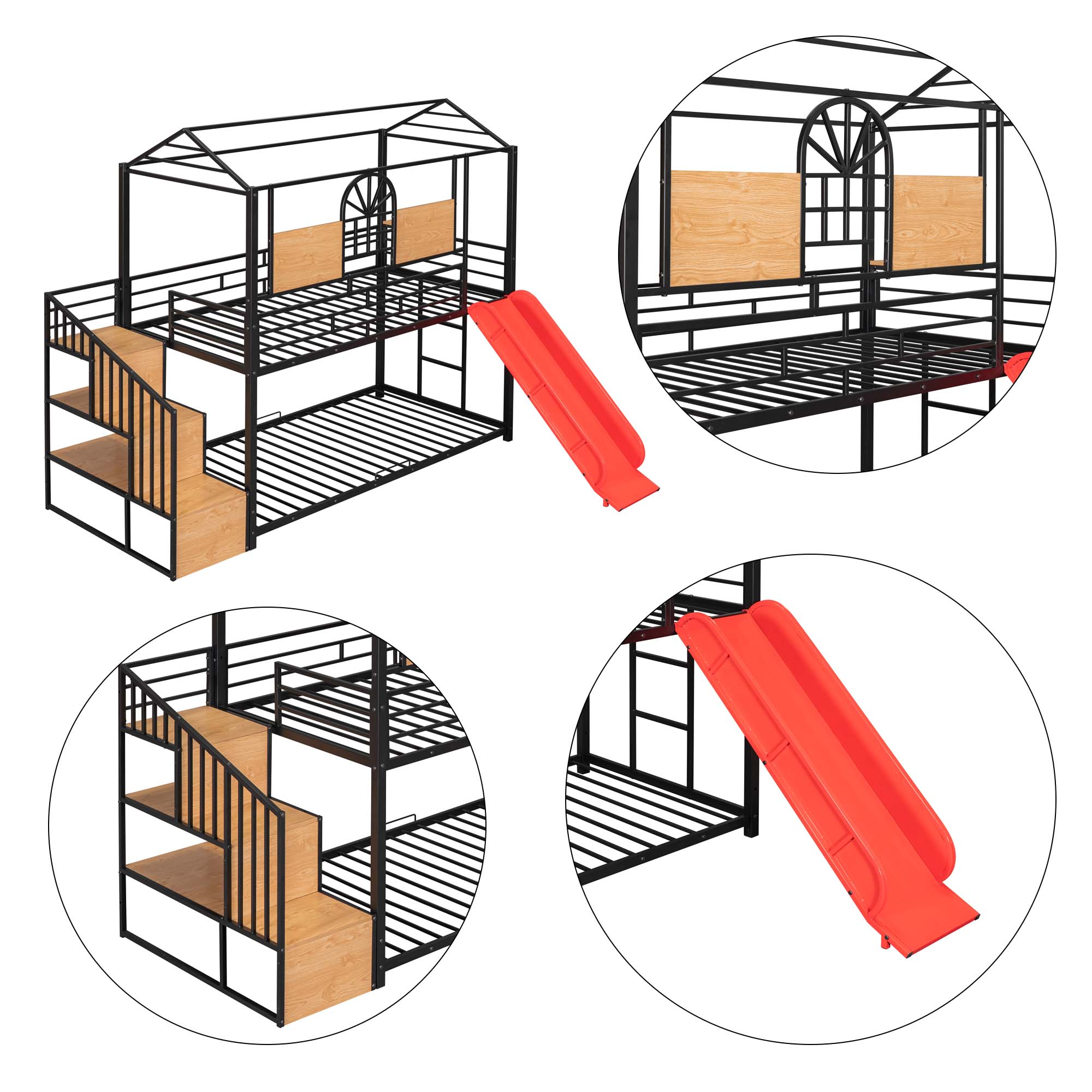 Aukfa Twin over Twin Bunk Bed with Slide, Metal House Bunk Bed with Staircase and Shelves for Kids - Black/Red