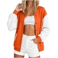 thumbnail image 2 of IUYRTFE Women's Color Block Varsity Bomber Jacket Button Down Long Sleeve Casual Baseball Coat with Pockets, 2 of 5