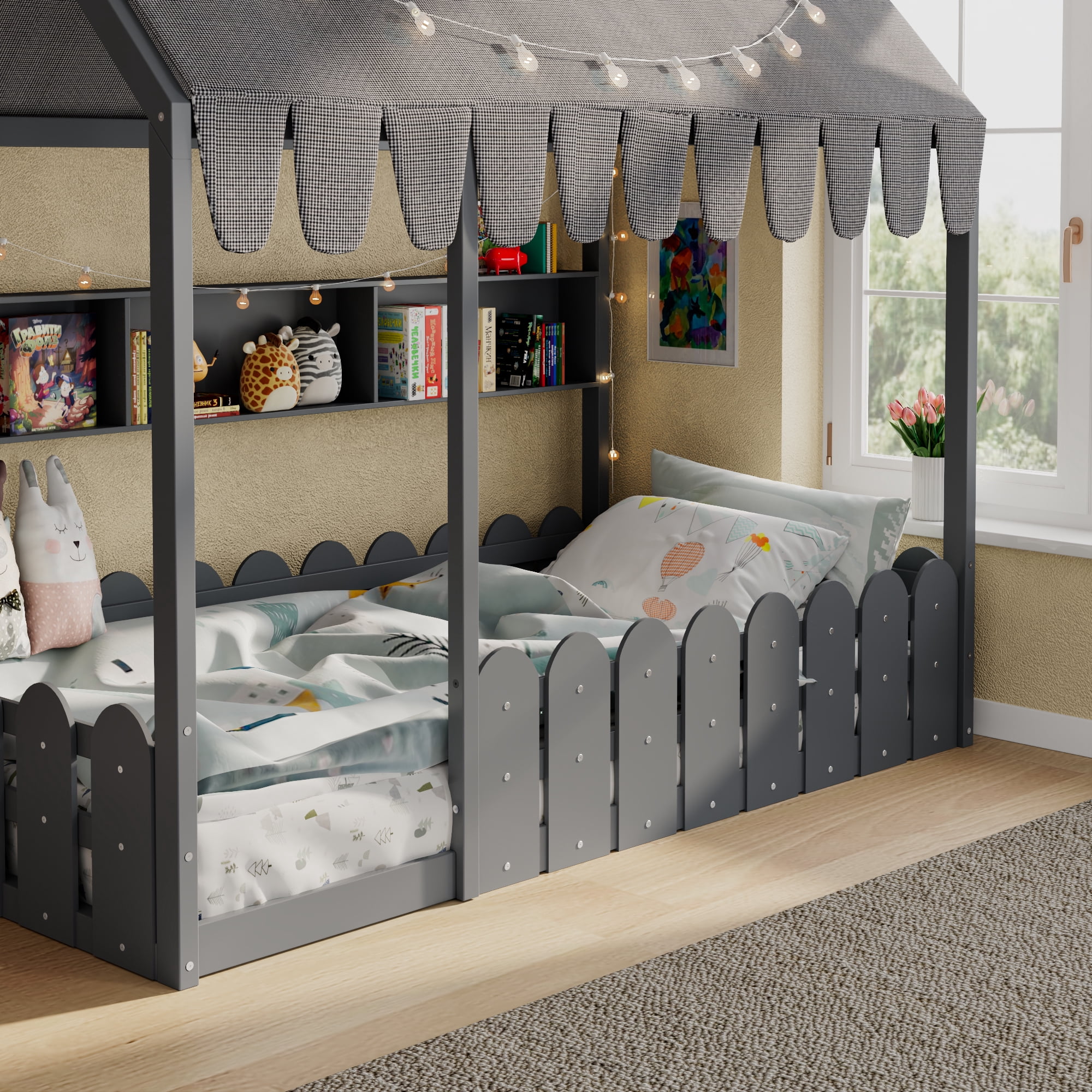 Sailvan Twin Size Montessori House Bed for Kids, Floor Bed with Fence Railings, Slats not included
