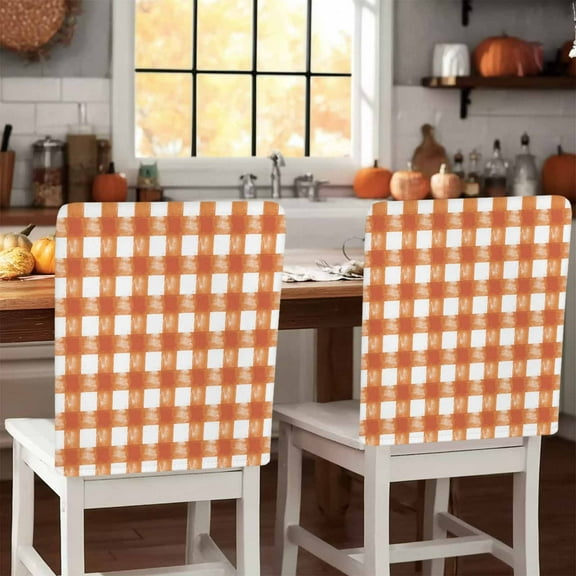 Rustic Country Chair Covers Set of 4 Orange Watercolor Plaid Fall Thanksgiving Chair Back Covers Stretch Removable Washable Slipcovers Protector for Dining Room Kitchen Party Decor