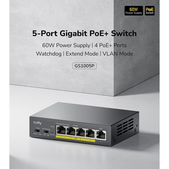 Cudy - 5 Port Gigabit PoE Switch,4 PoE  , Sturdy Metal w/ Shielded Ports, Desktop or Wall Mount,Plug and Play, Fanless Silent Operation,  Traffic Optimization - Black