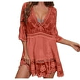 thumbnail image 2 of Tqyyweavej Women Swimsuit Coverup Dresses Sexy Lace Sheer Deep V Neck Swim Cover Up Solid Color 3/4 Length Sleeve Free Size Cover Ups for Swimwear Women, 2 of 6